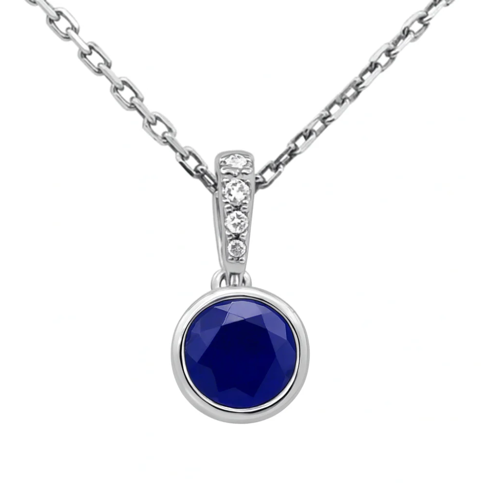 <span style="color:purple">SPECIAL!</span>.60ct G SI 14KT White Gold Diamond & Round Shape Blue Sapphire Gemstone Pendant Necklace 18" Long Chain