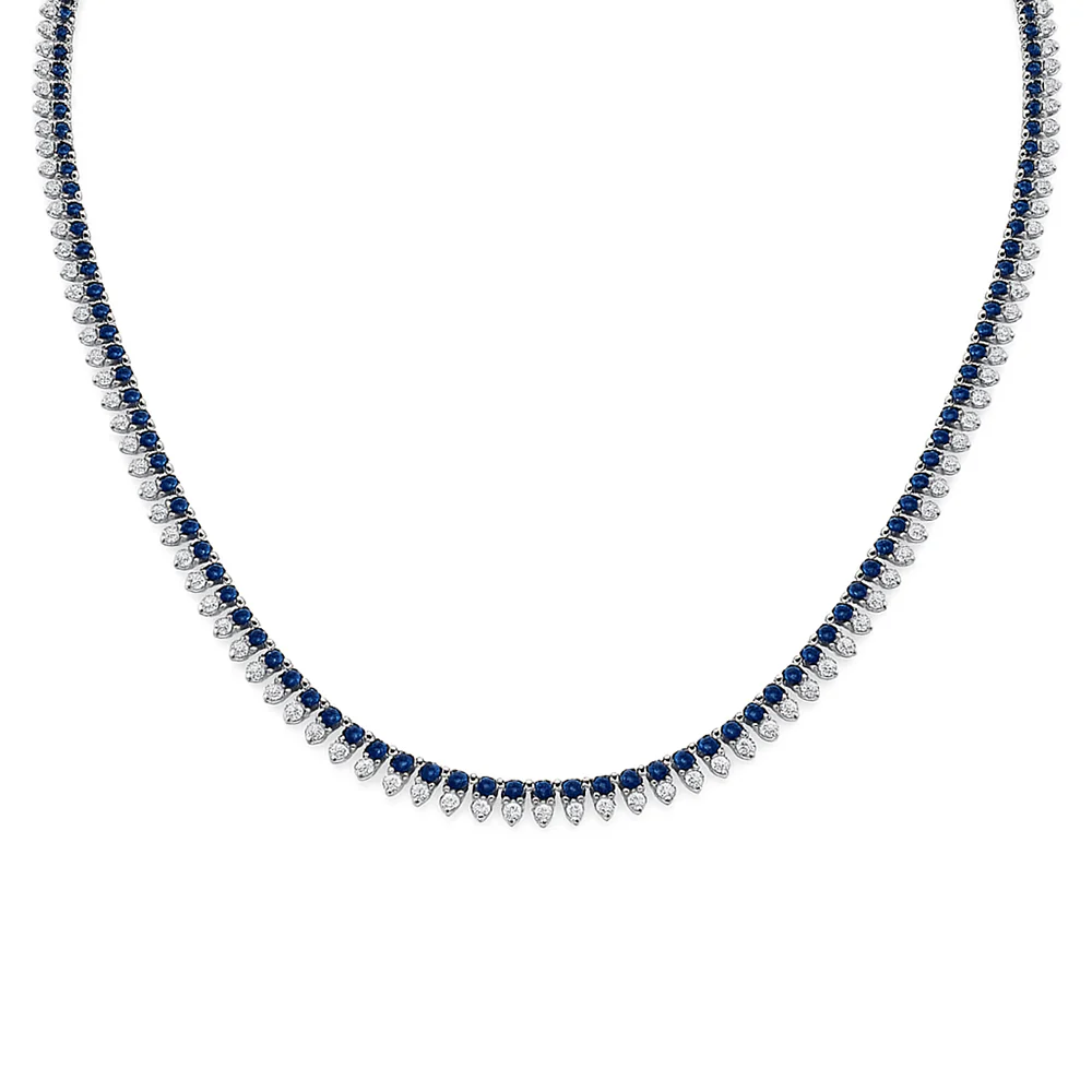 <span style="color:purple">SPECIAL!</span> 8.84ct G SI 14K White Gold Diamond & Blue Sapphire Gemstone Tennis Necklace 16" Long