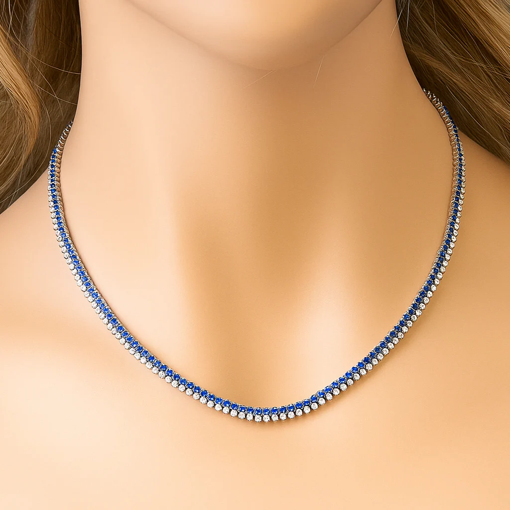 <span style="color:purple">SPECIAL!</span> 8.84ct G SI 14K White Gold Diamond & Blue Sapphire Gemstone Tennis Necklace 16" Long - Image 2