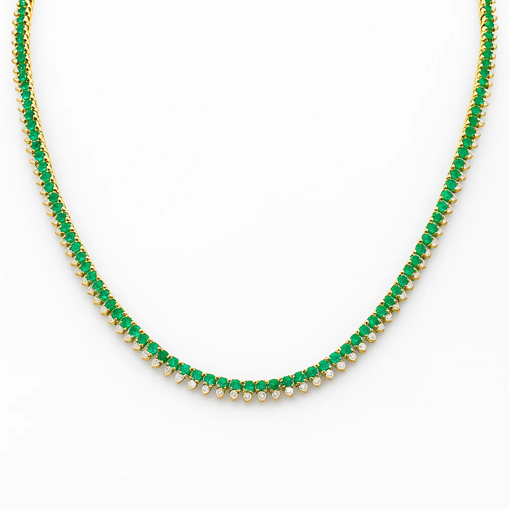 <span style="color:purple">SPECIAL!</span> 6.78ct G SI 14K Yellow Gold Diamond & Emerald Gemstone Tennis Necklace 16" Long