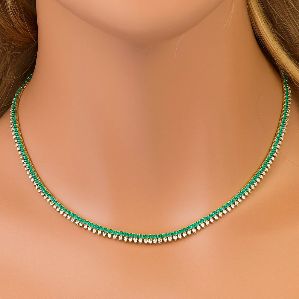 <span style="color:purple">SPECIAL!</span> 6.78ct G SI 14K Yellow Gold Diamond & Emerald Gemstone Tennis Necklace 16" Long - Image 2