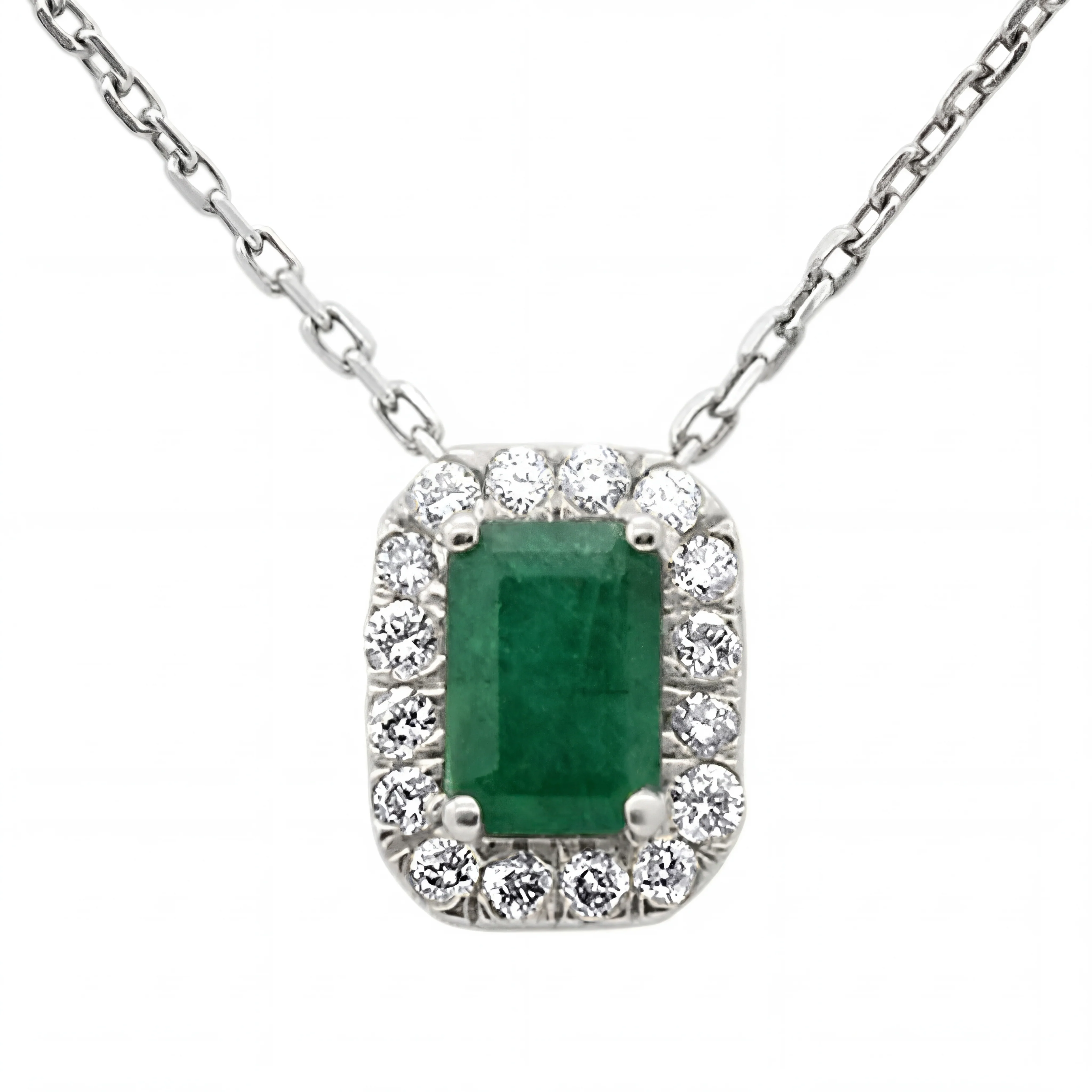<span style="color:purple">SPECIAL!</span> .68ct G SI 14K White Gold Emerald Gemstone & Diamond Halo Pendant 18" Long