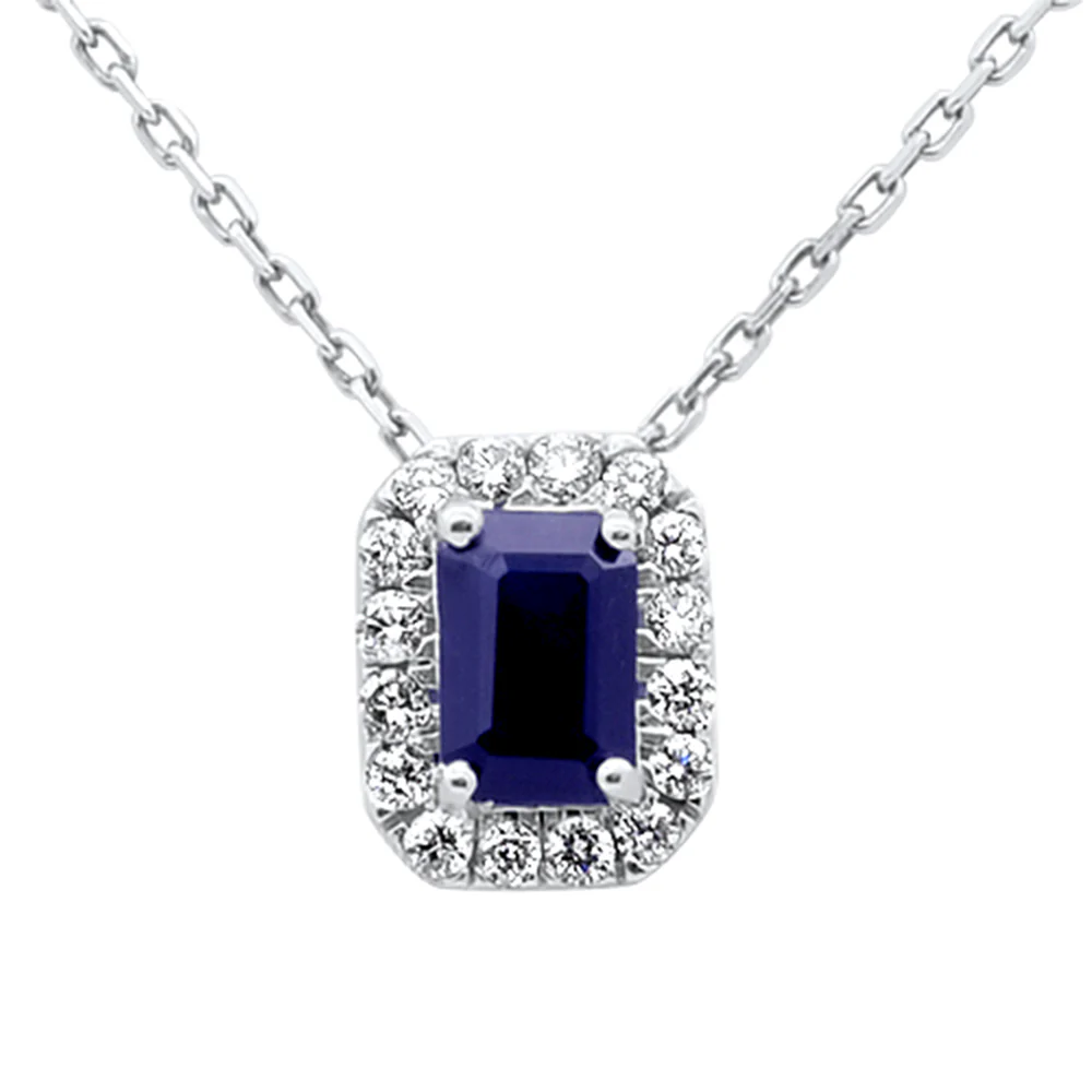 <span style="color:purple">SPECIAL!</span> .97ct G SI 14K White Gold Blue Sapphire Gemstone & Diamond Halo Pendant 18" Long