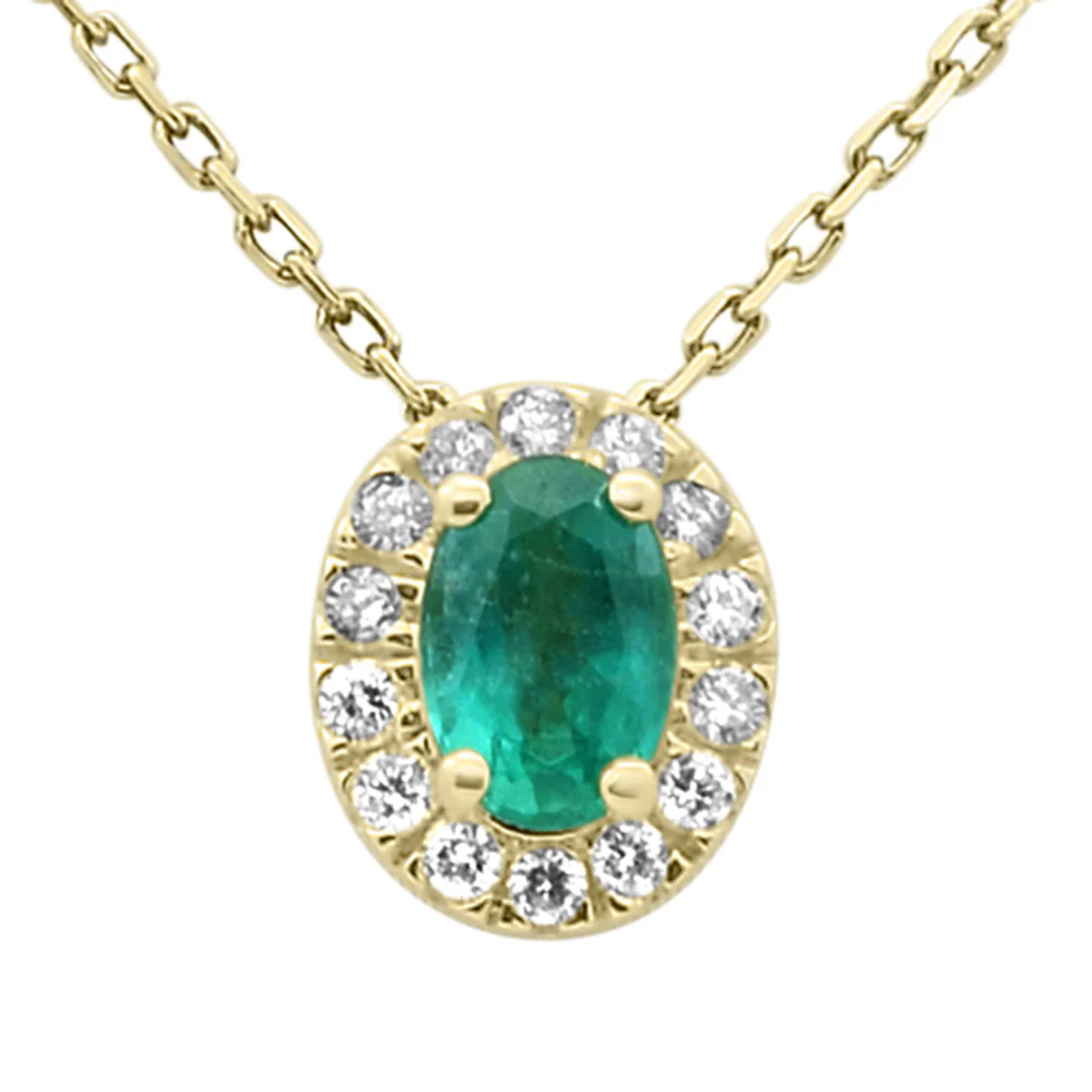 <span style="color:purple">SPECIAL!</span> .67ct G SI 14K Yellow Gold Oval Emerald Gemstone & Diamond Halo Pendant 18" Long