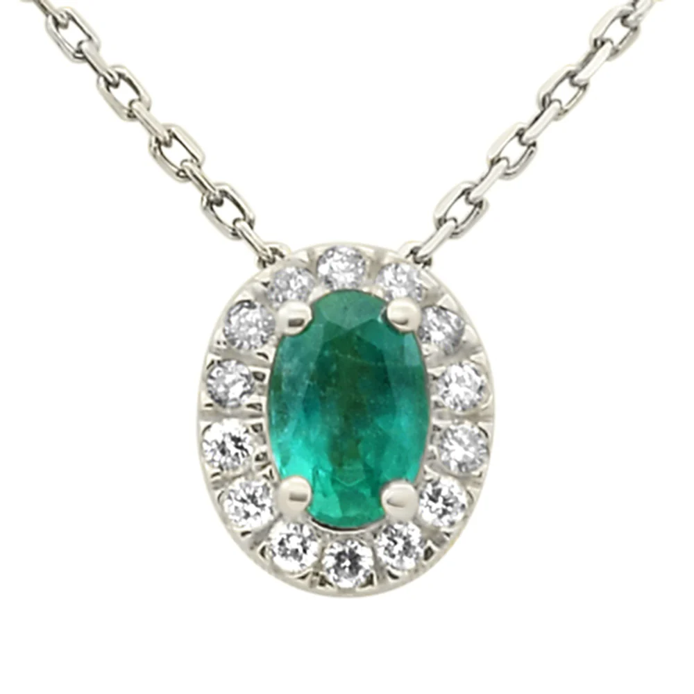 <span style="color:purple">SPECIAL!</span> .57ct G SI 14K White Gold Oval Emerald Gemstone & Diamond Halo Pendant 18" Long