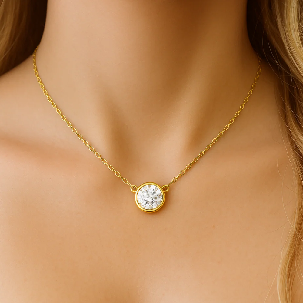 <span style="color:purple">SPECIAL!</span> 1.01ct G SI 14K Yellow Gold Round Diamond Bezel Pendant 18" Long - Image 2