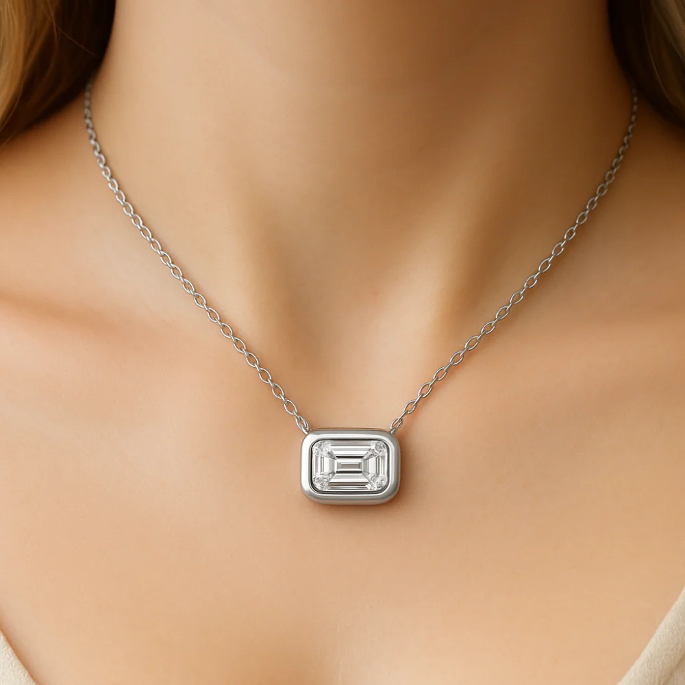 <span style="color:purple">SPECIAL!</span> .27ct G SI 14K White Gold Emerald Cut Diamond Bezel Pendant 18" Long - Image 2