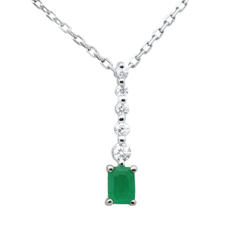 .28ct G SI 14K White Gold Diamond & Emerald Gemstone Pendant 18" Long
