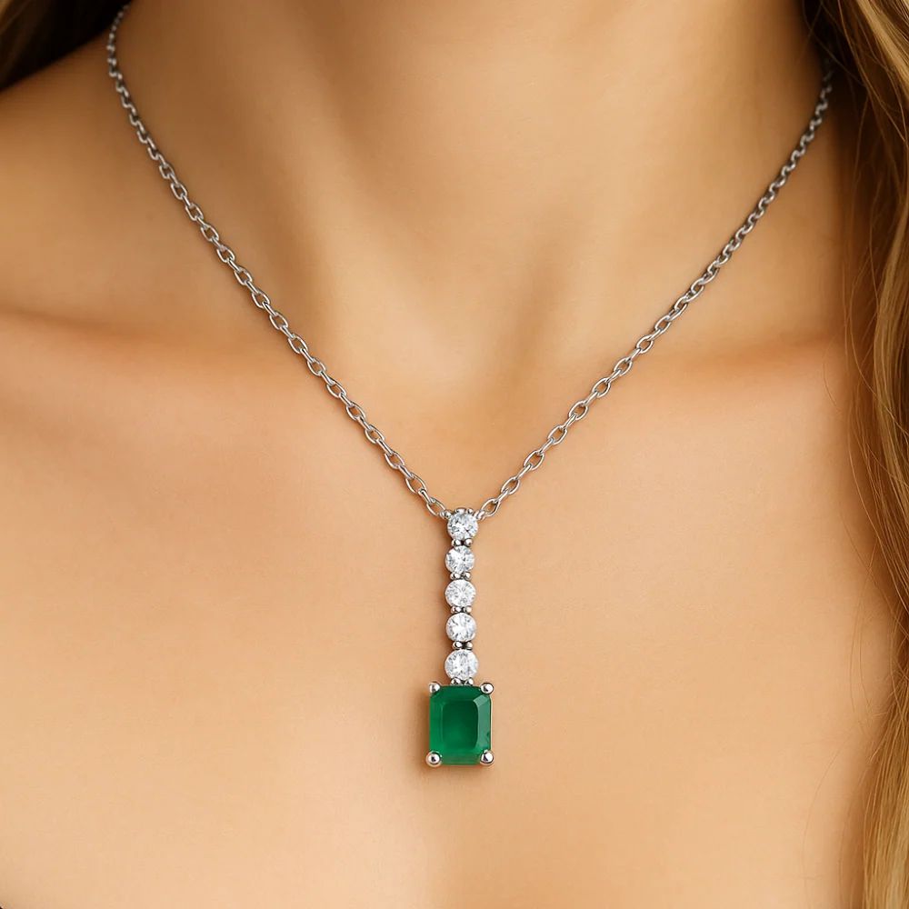 .28ct G SI 14K White Gold Diamond & Emerald Gemstone Pendant 18" Long - Image 2