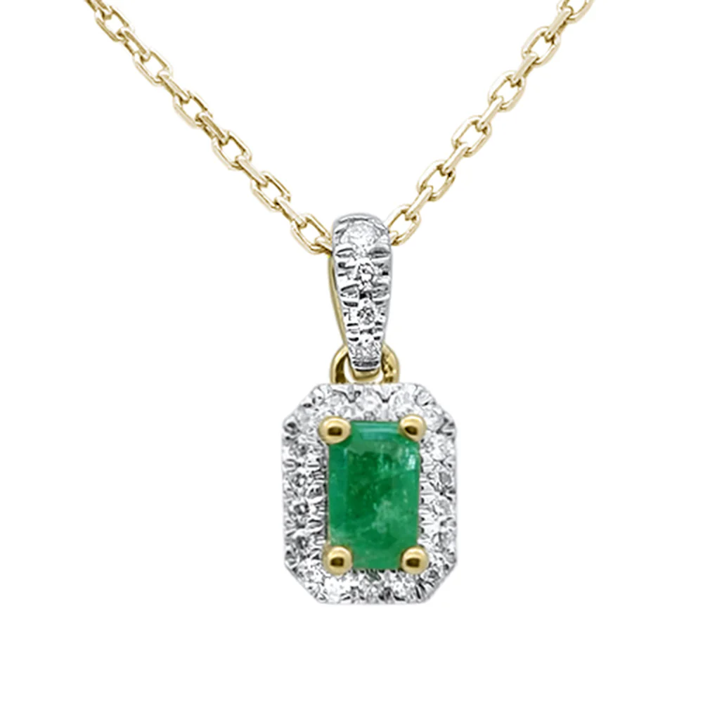<span style="color:purple">SPECIAL!</span> .38ct G SI 14K Yellow Gold Diamond & Emerald Gemstone Halo Pendant 18" Long