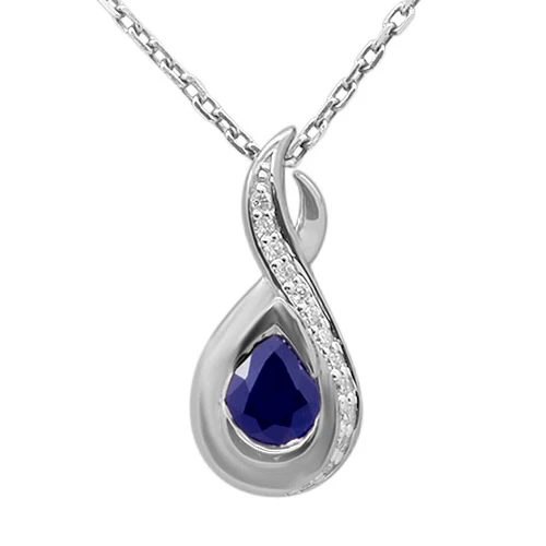 <span style="color:purple">SPECIAL!</span> .40ct G SI 14K White Gold Diamond & Blue Sapphire Teardrop Pendant 18" Long