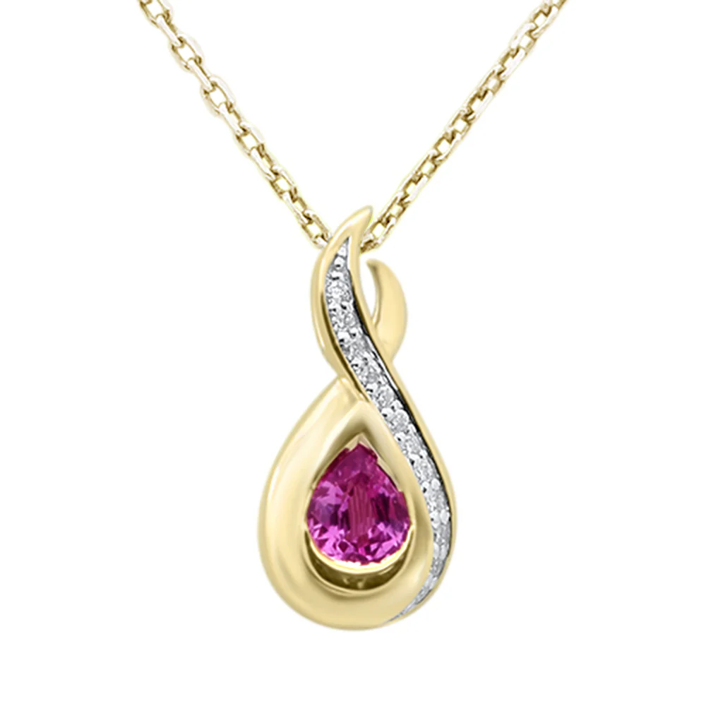 <span style="color:purple">SPECIAL!</span> .47ct G SI 14K Yellow Gold Diamond & Pink Sapphire Gemstone Teardrop Pendant 18" Long