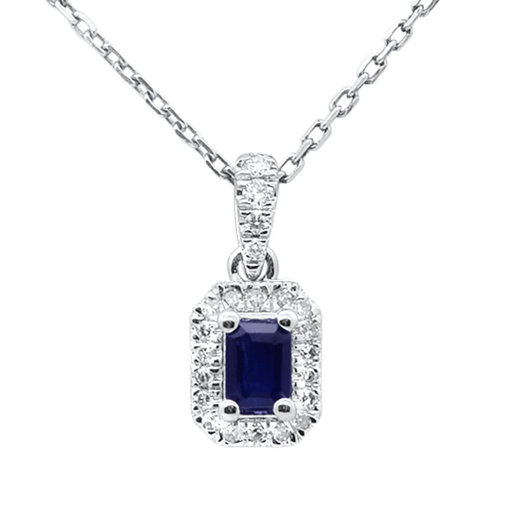 <span style="color:purple">SPECIAL!</span> .35ct G SI 14K White Gold Diamond & Blue Sapphire Gemstone Halo Pendant 18" Long