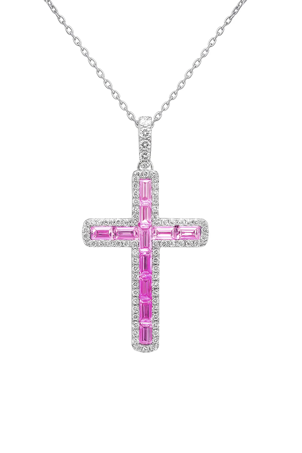 <span style="color:purple">SPECIAL!</span> 1.48ct G SI 14K White Gold Diamond & Pink Sapphire Gemstone Cross Pendant 18" Long
