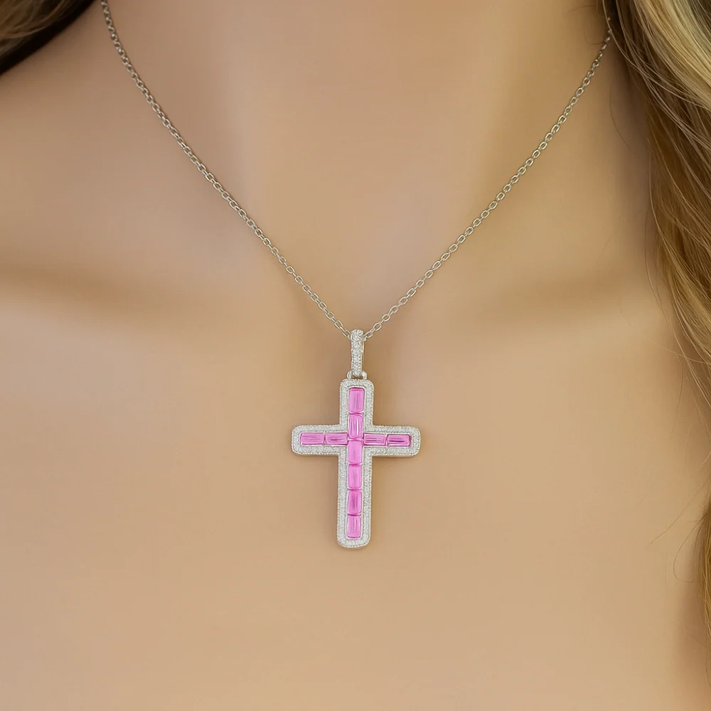 <span style="color:purple">SPECIAL!</span> 1.48ct G SI 14K White Gold Diamond & Pink Sapphire Gemstone Cross Pendant 18" Long - Image 2