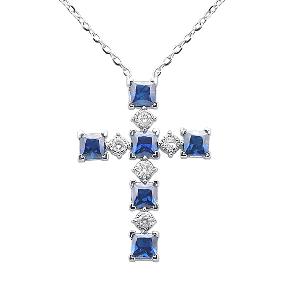 <span style="color:purple">SPECIAL!</span> .88ct G SI 14K White Gold Diamond & Blue Sapphire Gemstone Cross Pendant 18" Long