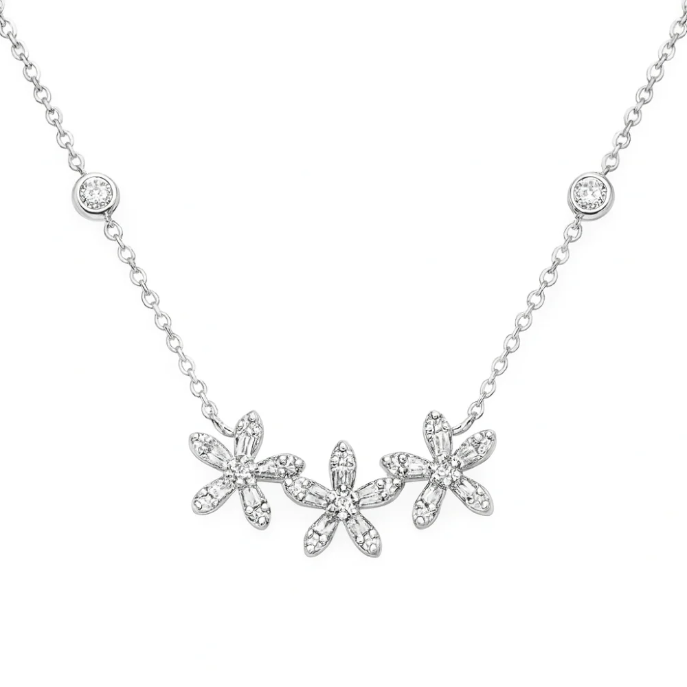 <span style="color:purple">SPECIAL!</span> .38ct G SI 14K White Gold Diamond Three Flower Diamond Pendant Necklace 18" Long