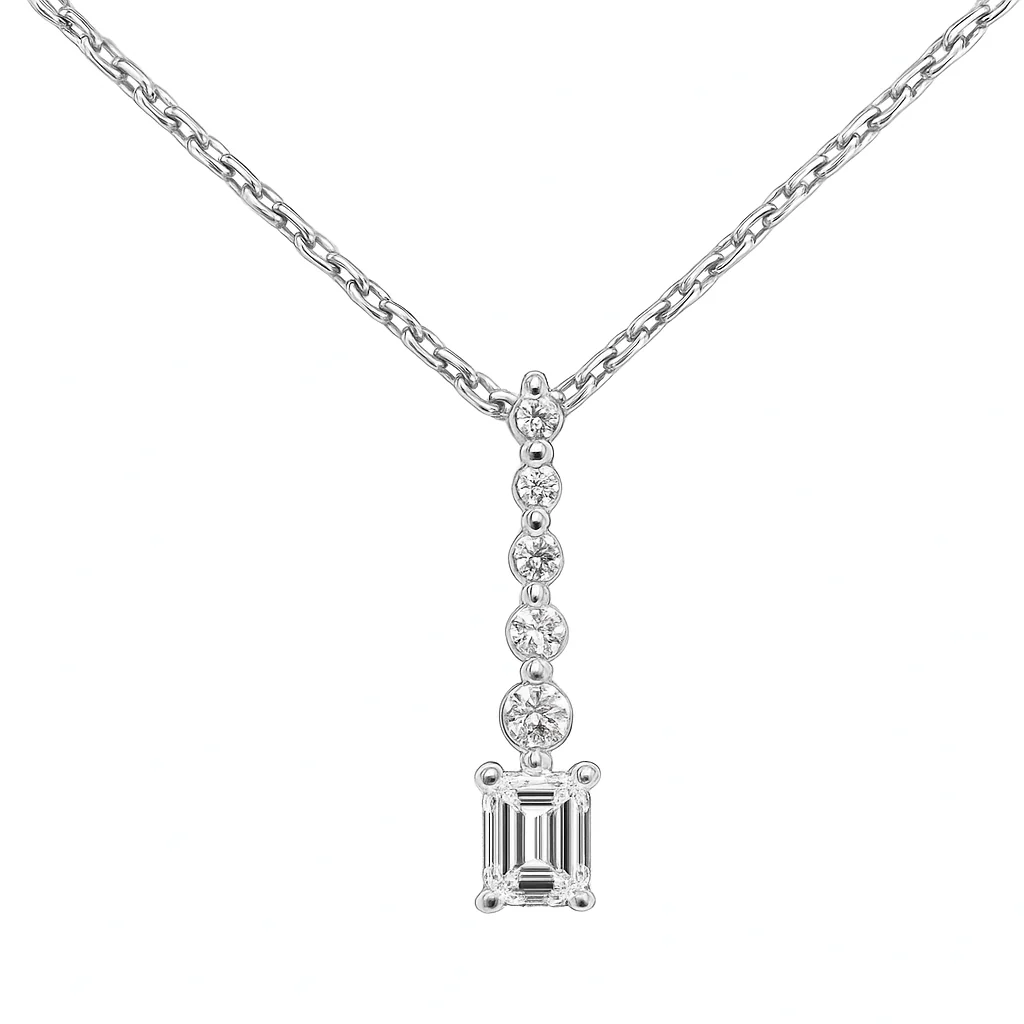 <span style="color:purple">SPECIAL!</span> .31ct G SI 14K White Gold  Radiant Cut Diamond Drop Journey Solitiare Pendant 18" Long
