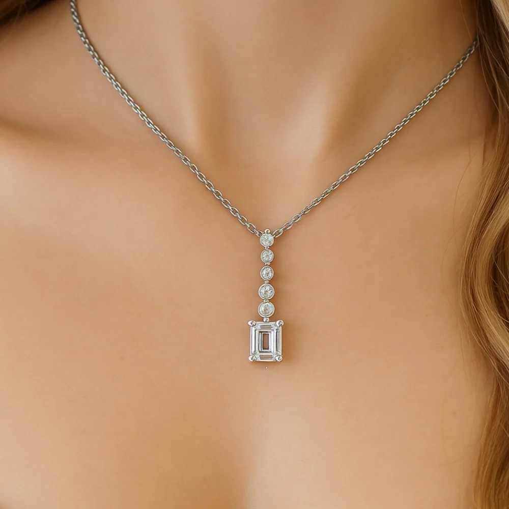 <span style="color:purple">SPECIAL!</span> .31ct G SI 14K White Gold  Radiant Cut Diamond Drop Journey Solitiare Pendant 18" Long - Image 2