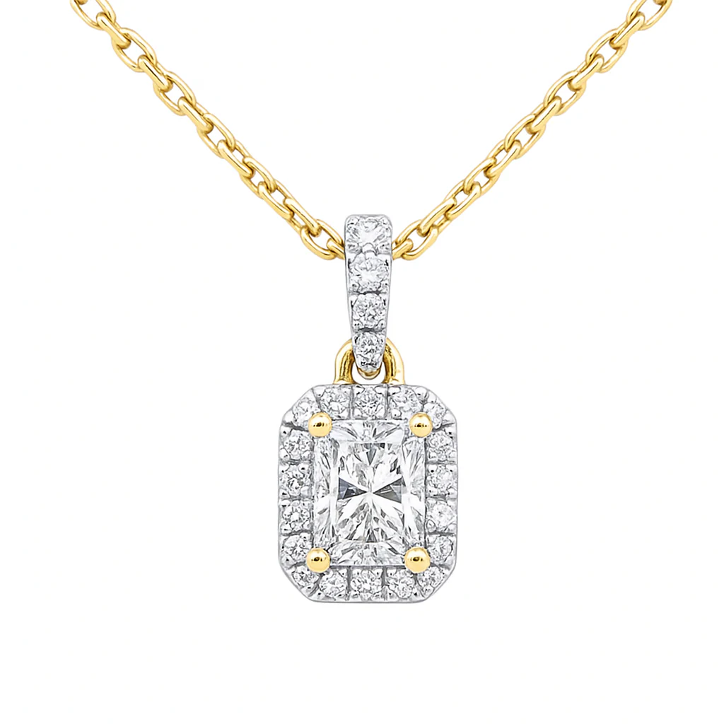 <span style="color:purple">SPECIAL!</span> .49ct G SI 14K Yellow Gold  Radiant Cut Diamond Halo Solitiare Pendant 18" Long