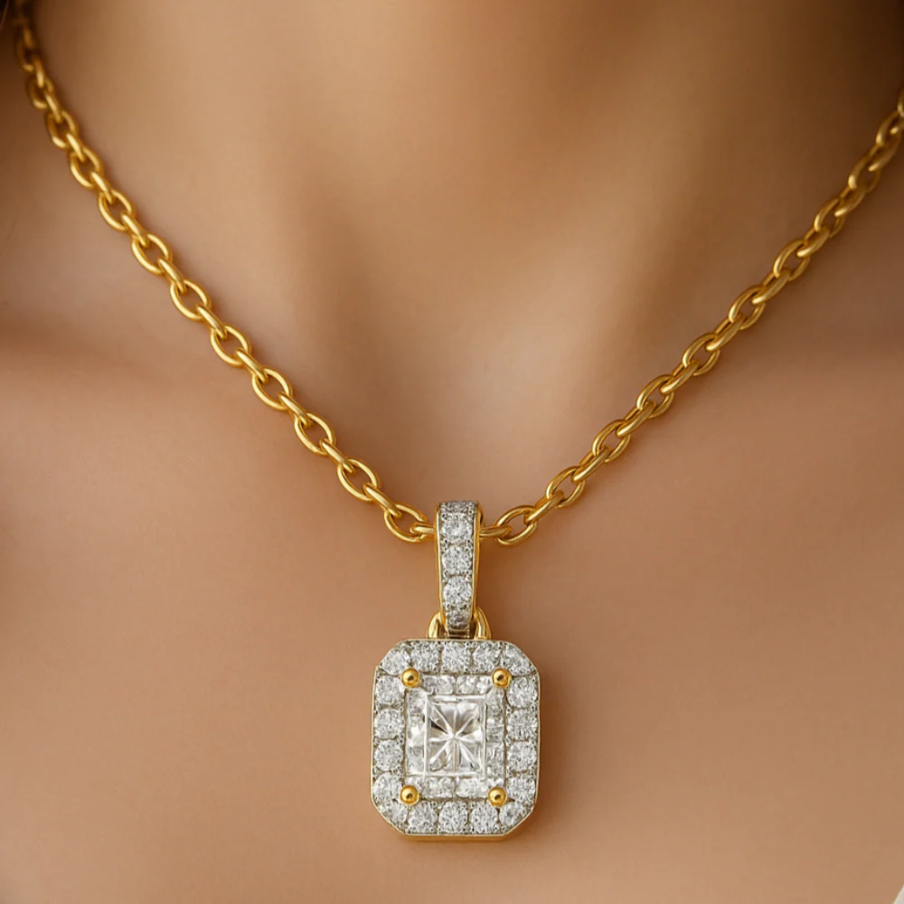<span style="color:purple">SPECIAL!</span> .49ct G SI 14K Yellow Gold  Radiant Cut Diamond Halo Solitiare Pendant 18" Long - Image 2