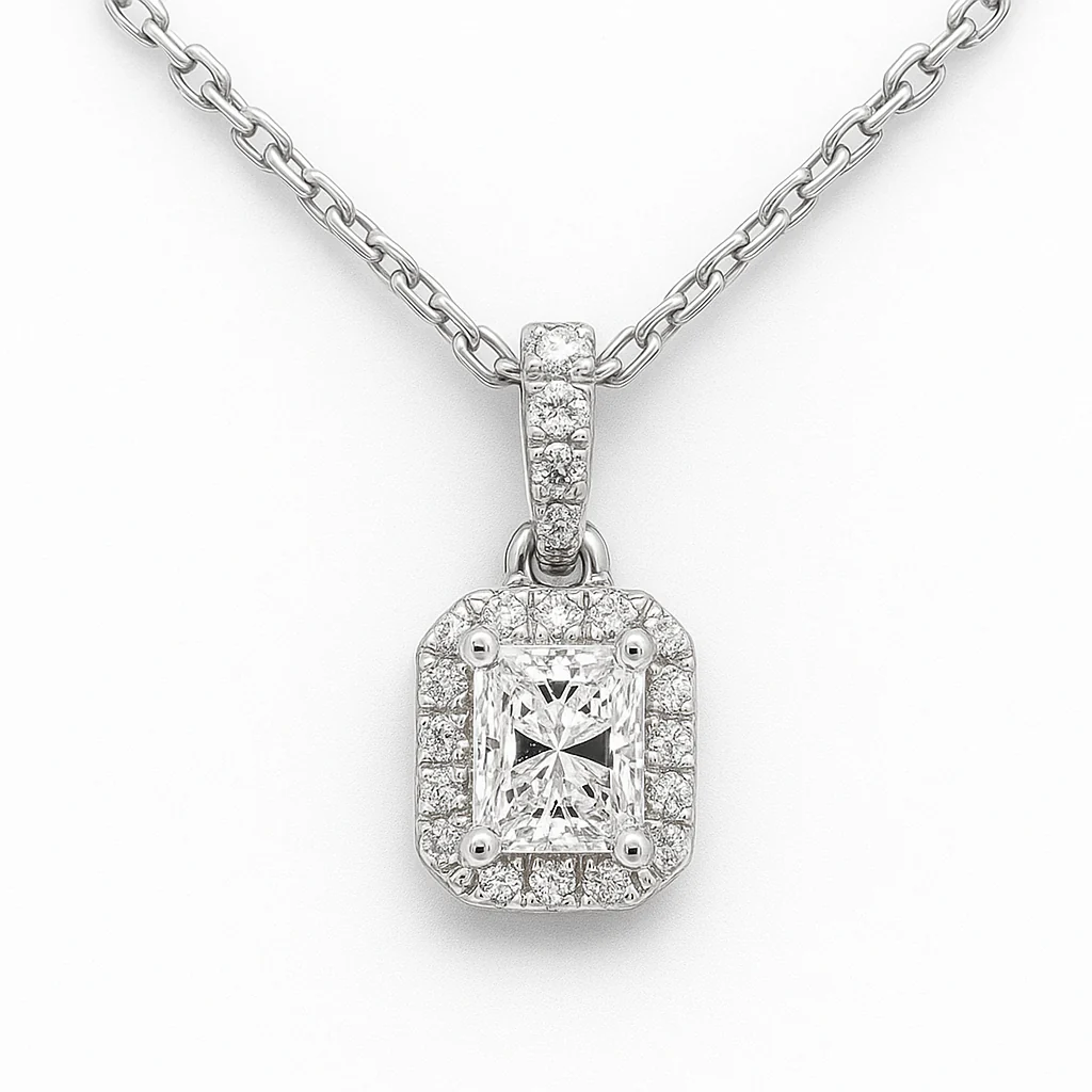 <span style="color:purple">SPECIAL!</span> .49ct G SI 14K White Gold Radiant Cut Diamond Halo Solitiare Pendant 18" Long