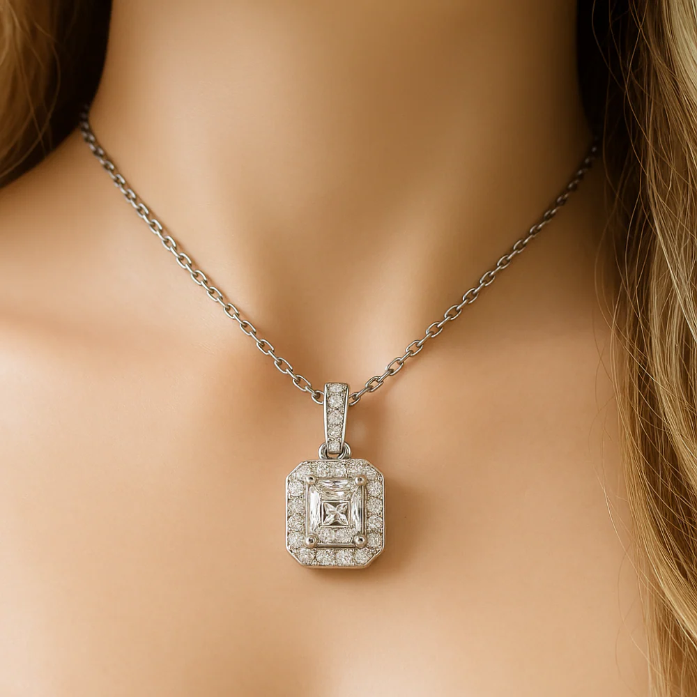<span style="color:purple">SPECIAL!</span> .49ct G SI 14K White Gold Radiant Cut Diamond Halo Solitiare Pendant 18" Long - Image 2