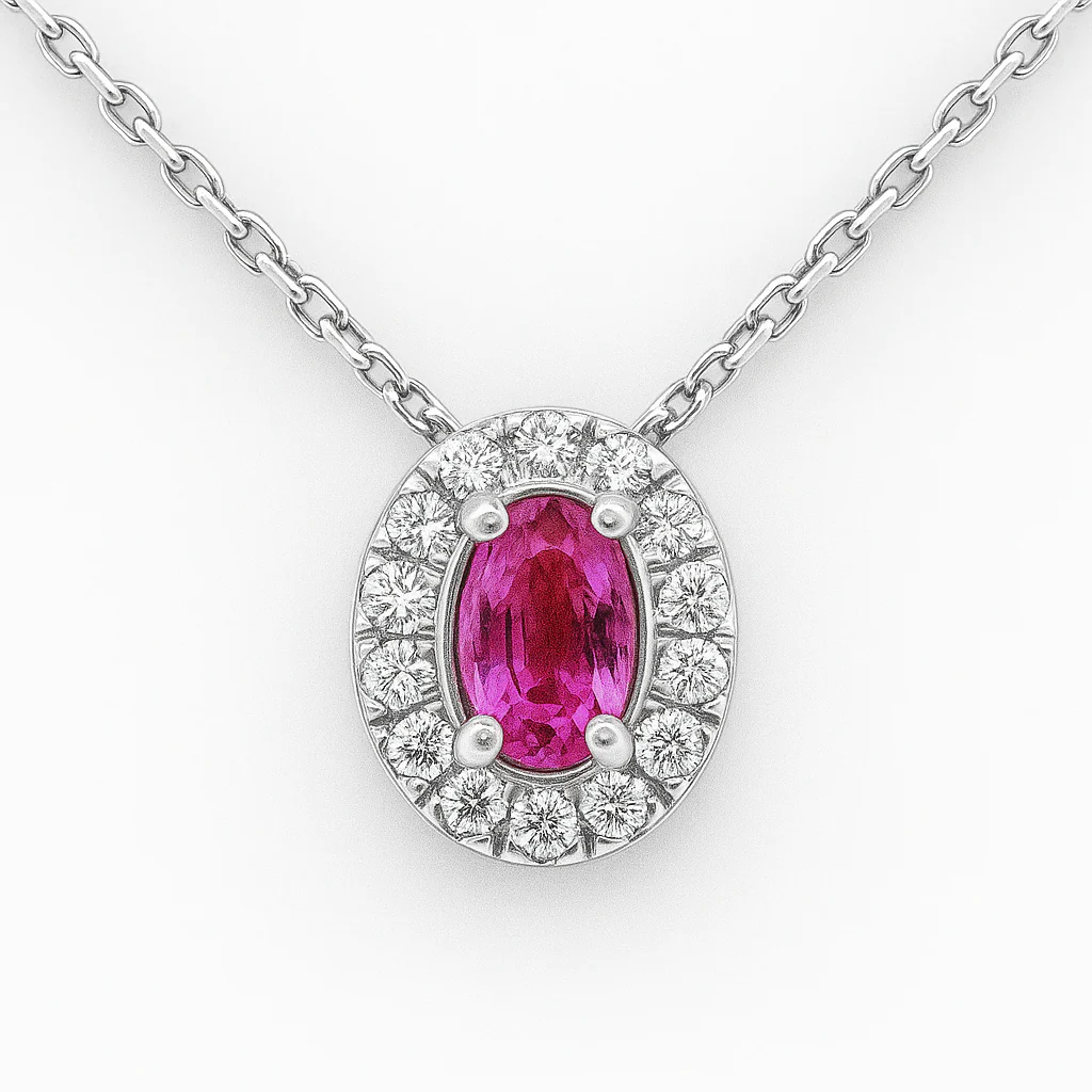 <span style="color:purple">SPECIAL!</span> .79ct G SI 14K White Gold Diamond & Pink Sapphire Pendant Necklace 18" Long Chain