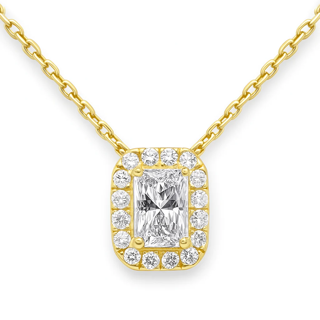 <span style="color:purple">SPECIAL!</span> .68ct G SI 14K Yellow Gold Radiant Cut Diamond Pendant Halo Necklace 18" Long Chain