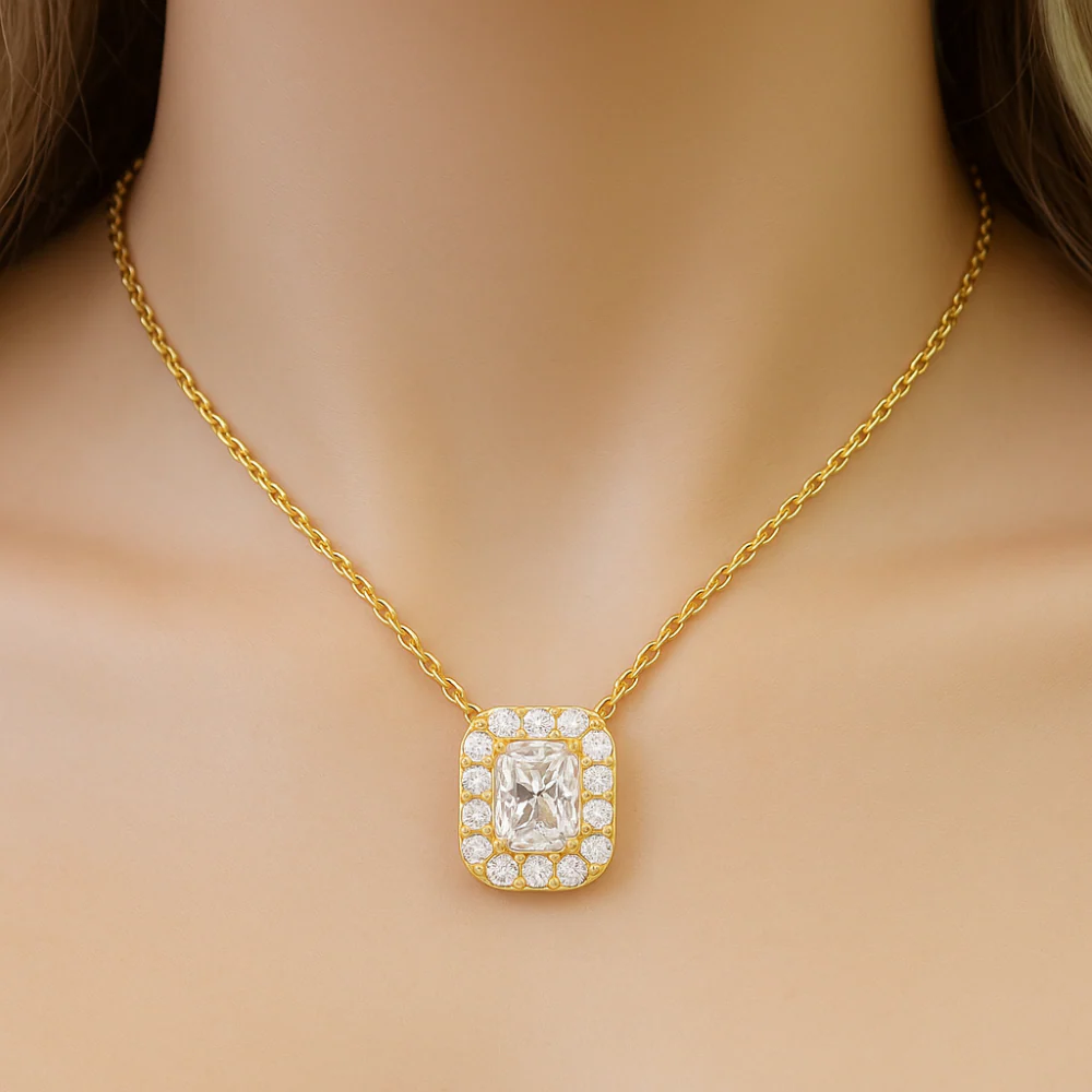 <span style="color:purple">SPECIAL!</span> .68ct G SI 14K Yellow Gold Radiant Cut Diamond Pendant Halo Necklace 18" Long Chain - Image 2