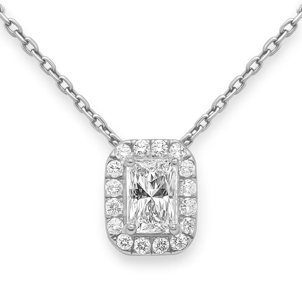 <span style="color:purple">SPECIAL!</span> .89ct G SI 14K White Gold Radiant Cut Diamond Pendant Halo Necklace 18" Long Chain