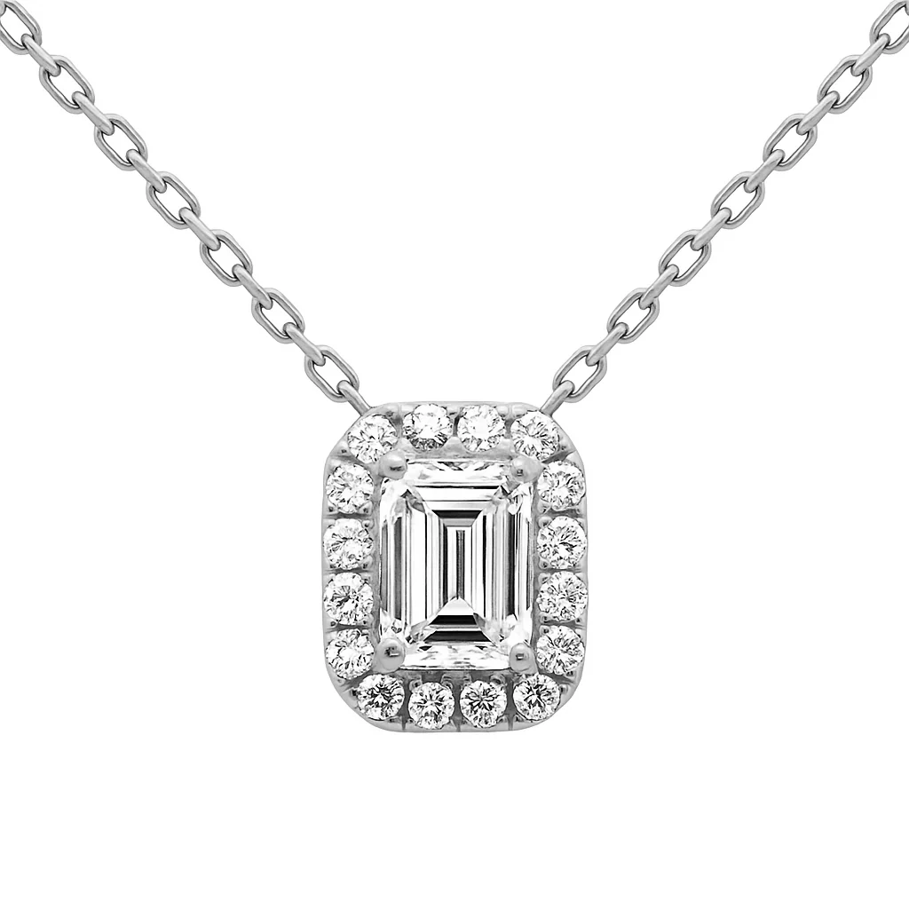 <span style="color:purple">SPECIAL!</span> .68ct G SI 14K White Gold Diamond Emerald Cut Pendant Necklace 18" Long Chain