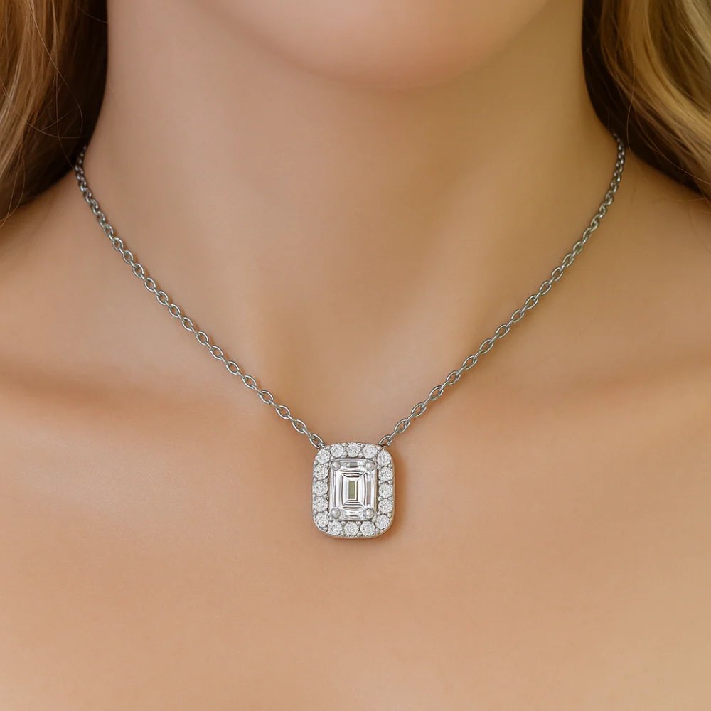 <span style="color:purple">SPECIAL!</span> .68ct G SI 14K White Gold Diamond Emerald Cut Pendant Necklace 18" Long Chain - Image 2