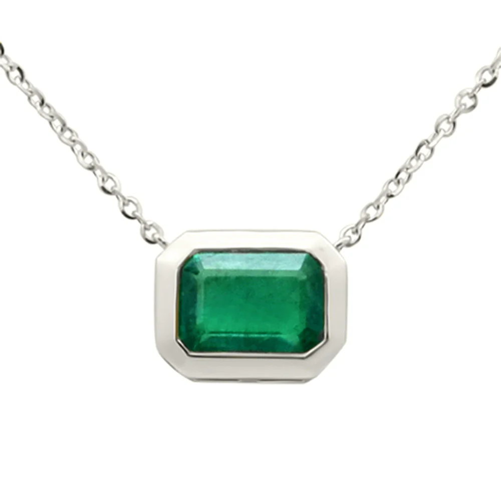 <span style="color:purple">SPECIAL!</span> .86ct G SI 14K White Gold Emerald Gemstone Bezel Set Pendant Necklace 18" Long Chain