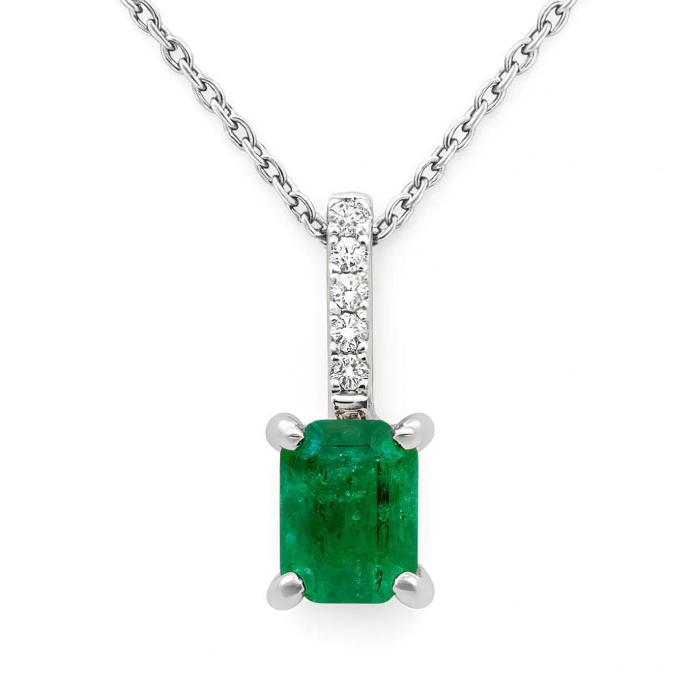 <span style="color:purple">SPECIAL!</span> 1.23ct G SI 14K White Gold Diamond & Emerald Gemstone Pendant Necklace 18" Chain