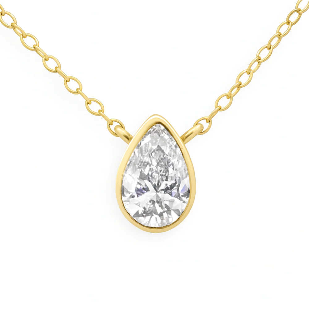 <span style="color:purple">SPECIAL!</span> .42ct G SI 14K Yellow Gold Bezel Set Pear Cut Diamond Solitaire Pendant Necklace 18" Long
