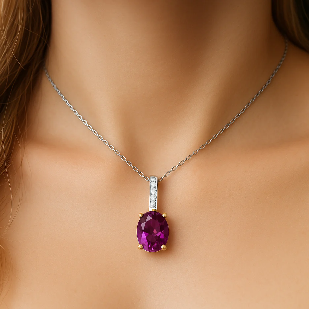 <span style="color:purple">SPECIAL!</span> 1.58ct G SI 14K Yellow Gold Oval Rhodolite Gemstone & Diamond Pendant Necklace 18" Long - Image 2