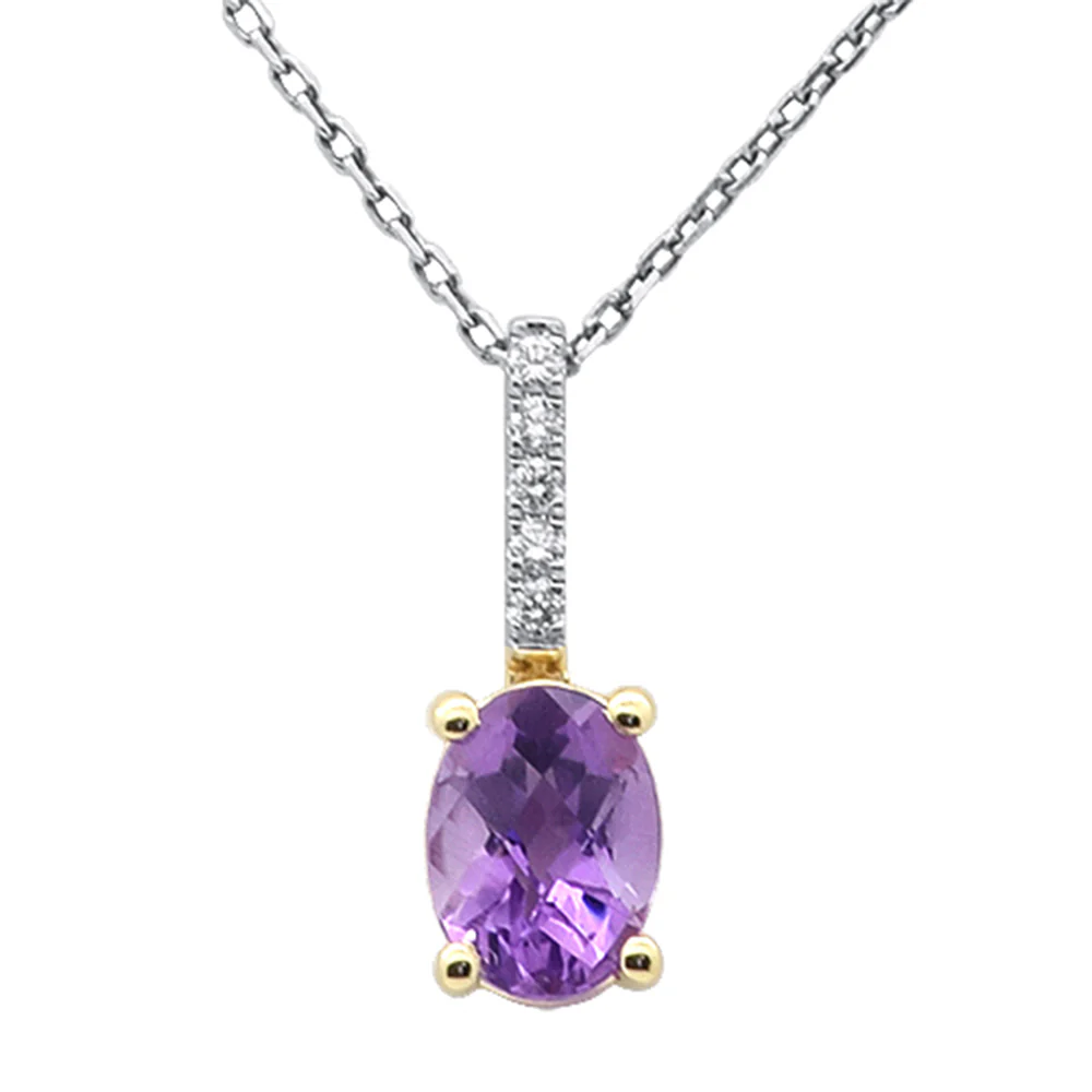 <span style="color:purple">SPECIAL!</span> 1.13ct G SI 14K Yellow Gold Oval Shape Amethyst Gemstone & Diamond Pendant Necklace 18" Long