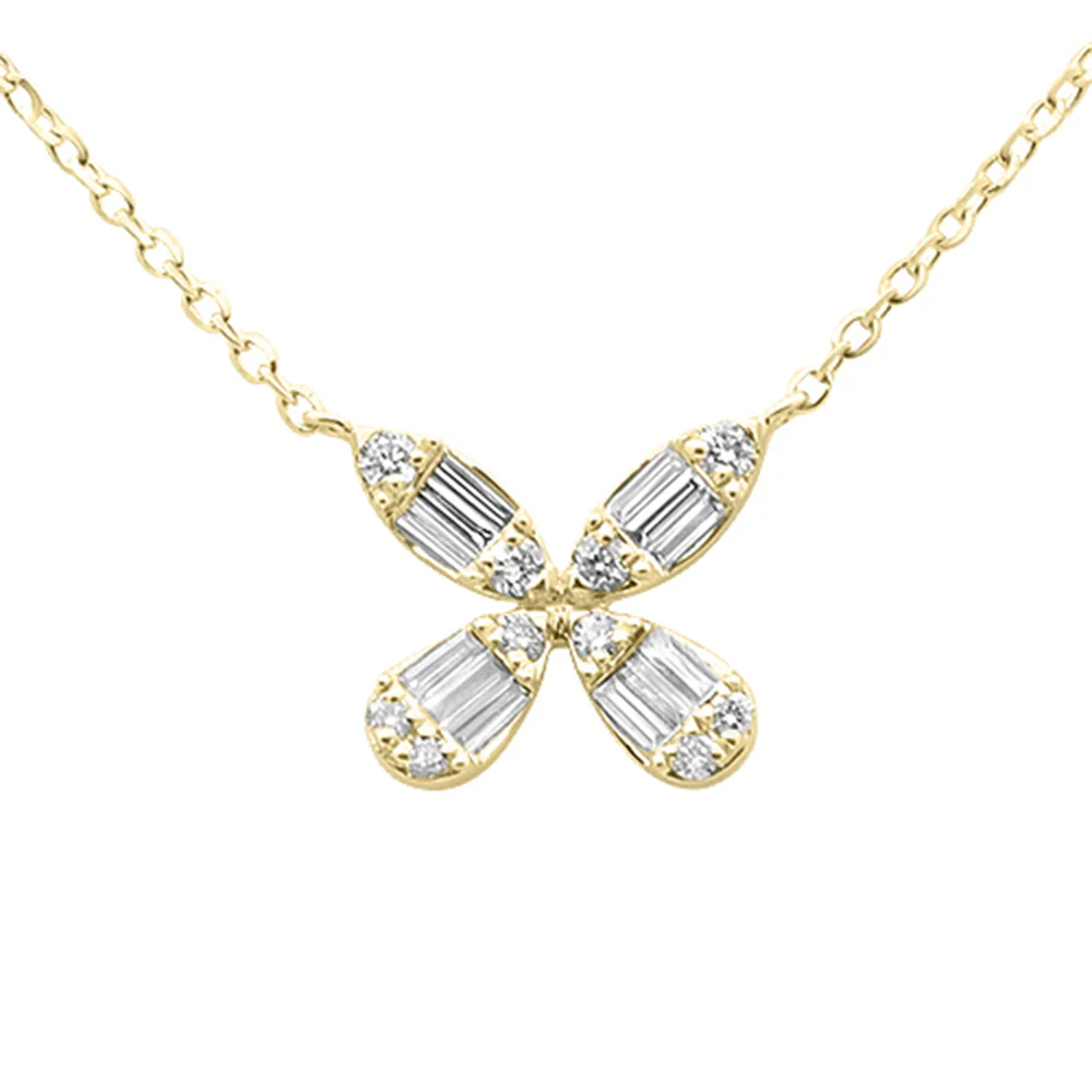 <span style="color:purple">SPECIAL!</span> .22ct G SI 14K Yellow Gold Round & Baguette Diamond Flower Pendant Necklace 18" Long
