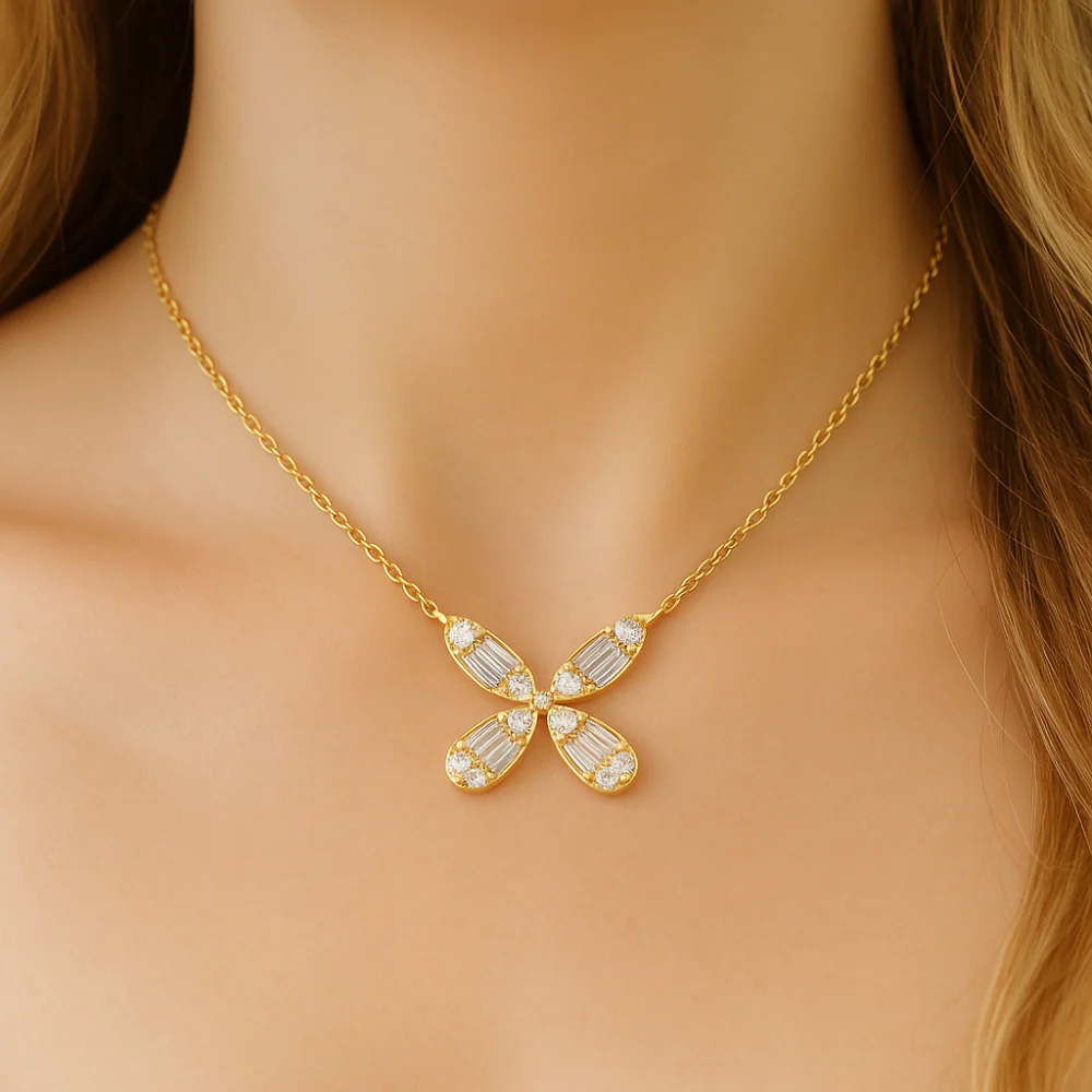 <span style="color:purple">SPECIAL!</span> .22ct G SI 14K Yellow Gold Round & Baguette Diamond Flower Pendant Necklace 18" Long - Image 2
