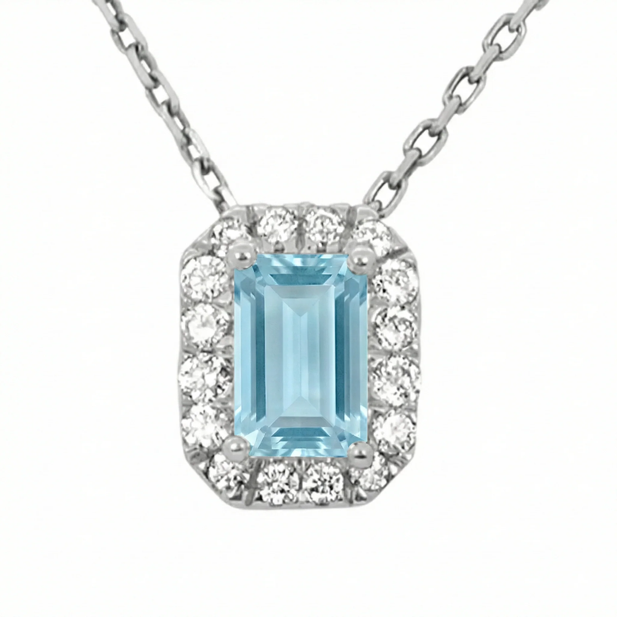 <span style="color:purple">SPECIAL!</span> .72ct G SI 14kt White Gold Diamond & Aquamarine Gemstone Halo Pendant 18"
