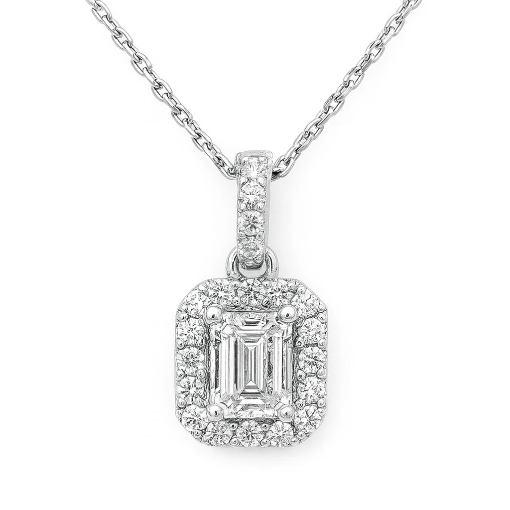 <span style="color:purple">SPECIAL!</span> .39ct G SI 14K White Gold Emerald Cut Diamond Halo Solitaire Pendant 18" Long
