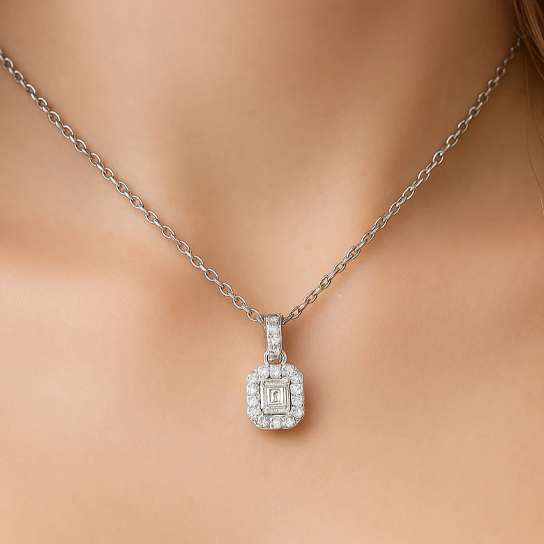 <span style="color:purple">SPECIAL!</span> .39ct G SI 14K White Gold Emerald Cut Diamond Halo Solitaire Pendant 18" Long - Image 2