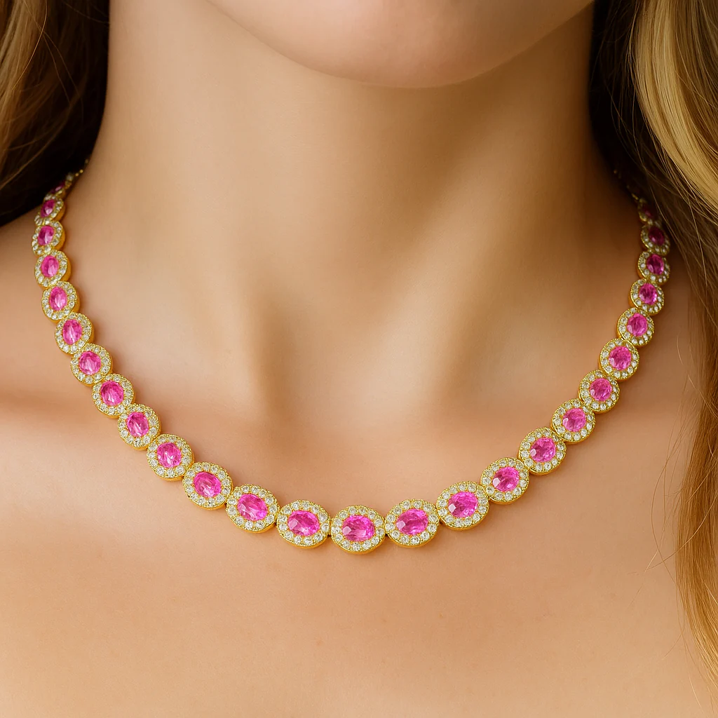 <span style="color:purple">SPECIAL!</span> 17.71ct G SI Yellow Gold  Diamond & Pink Sapphires Gemstone Necklace 16" long