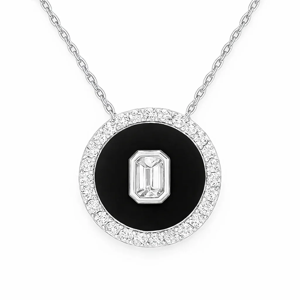 <span style="color:purple">SPECIAL!</span> .32ct G SI 14kt White Gold Modern Diamond & Onyx Pendant Necklace 18" Long