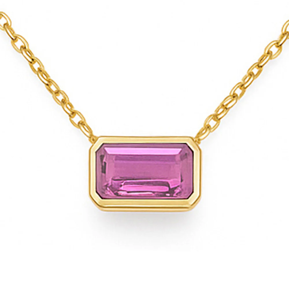 <span style="color:purple">SPECIAL!</span> .33ct 14kt Yellow Gold Pink Sapphire Gemstone Bezel Set Pendant Necklace 18" Long
