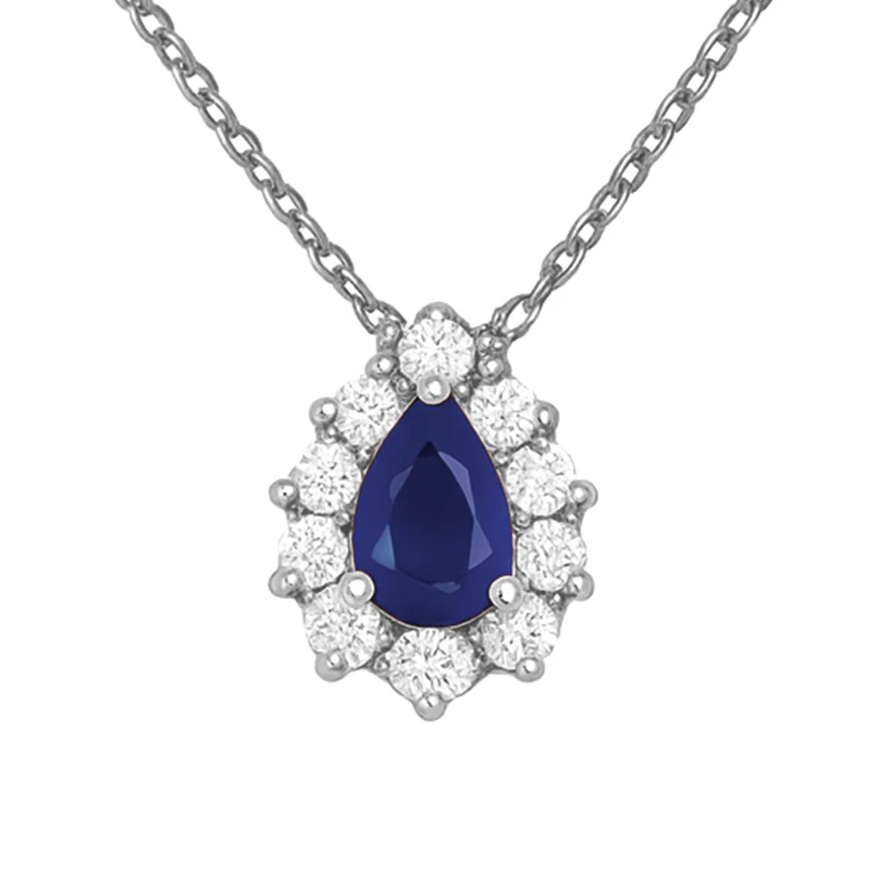<span style="color:purple">SPECIAL!</span> 1.01ct G SI 14kt White Gold Diamond & Pear Shape Blue Sapphire Gemstone Pendant Necklace 18" Long