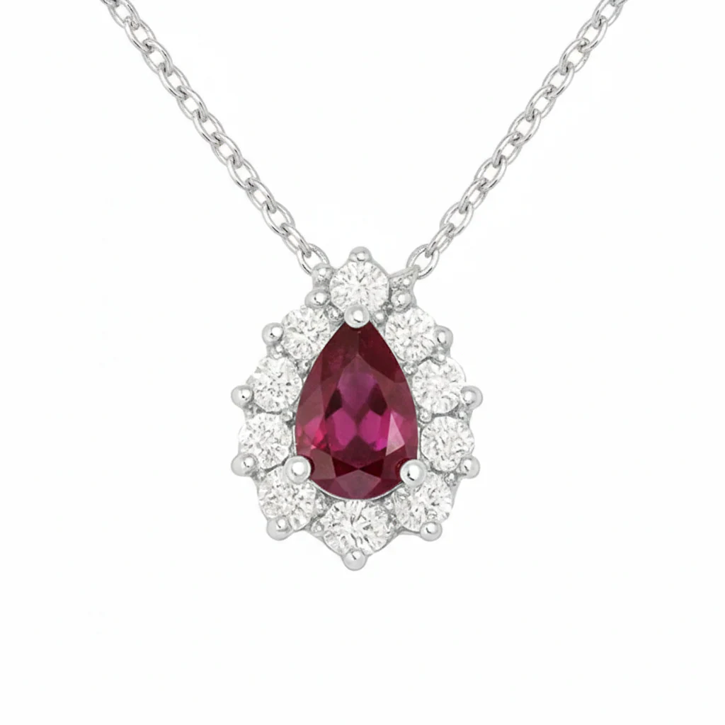 <span style="color:purple">SPECIAL!</span> .97ct G SI 14kt White Gold Diamond & Pear Shaped Ruby Pendant Necklace 18" Long