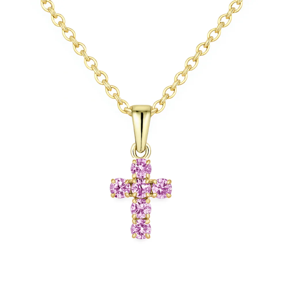<span style="color:purple">SPECIAL!</span> .53ct G SI 14KT Yellow Gold Pink Sapphire Round Shape Gemstone Petite Cross Pendant Necklace 18" Chain