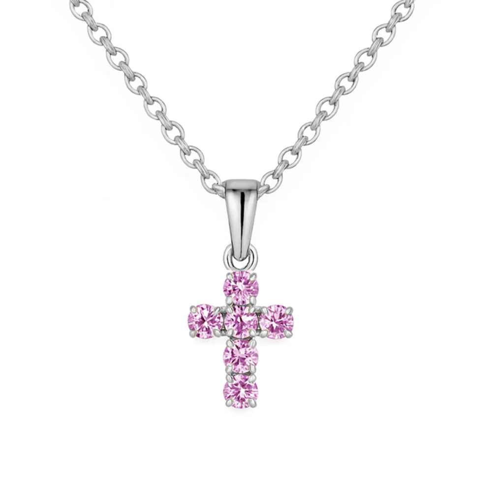 .46ct G SI 14KT White Gold Round Shape Pink Sapphire Gemstone Petite Cross Pendant Necklace 18" Chain